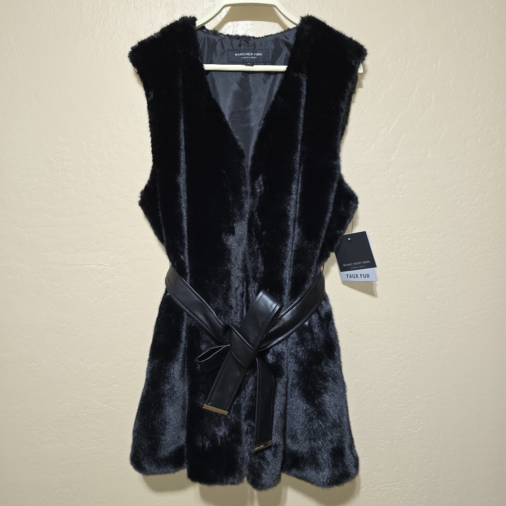 Marc New York Black Faux Fur Vest With Belt - NWT - Picture 2 of 6